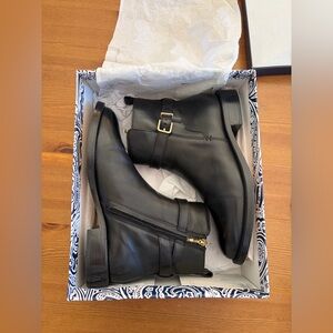 J McLaughlin Black Genuine Leather Ankle Boots with Gold Buckle